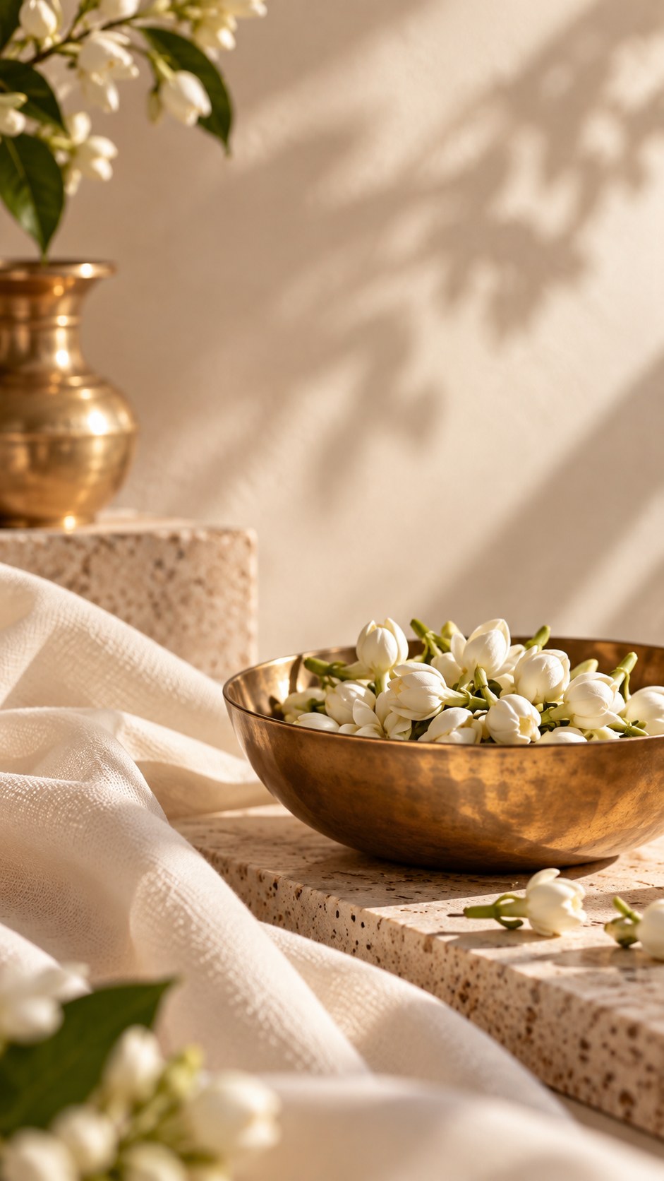 Warm ivory linen and brass bowl with jasmine flowers
